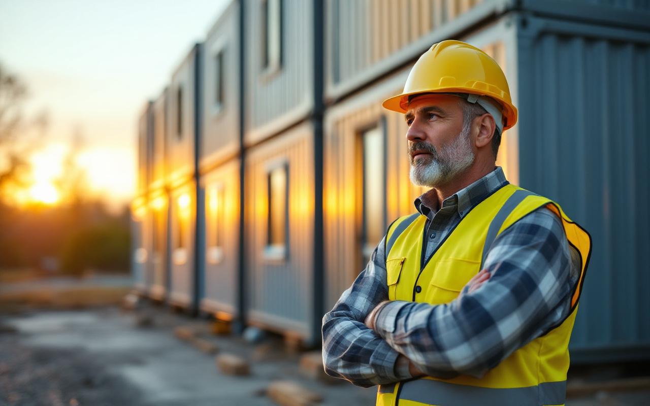 Chef de chantier en gilet de sécurité et casque inspecte des bureaux modulaires empilés sur un chantier, lumière chaude de fin de journée, détails des panneaux et fenêtres, atmosphère réaliste et professionnelle.