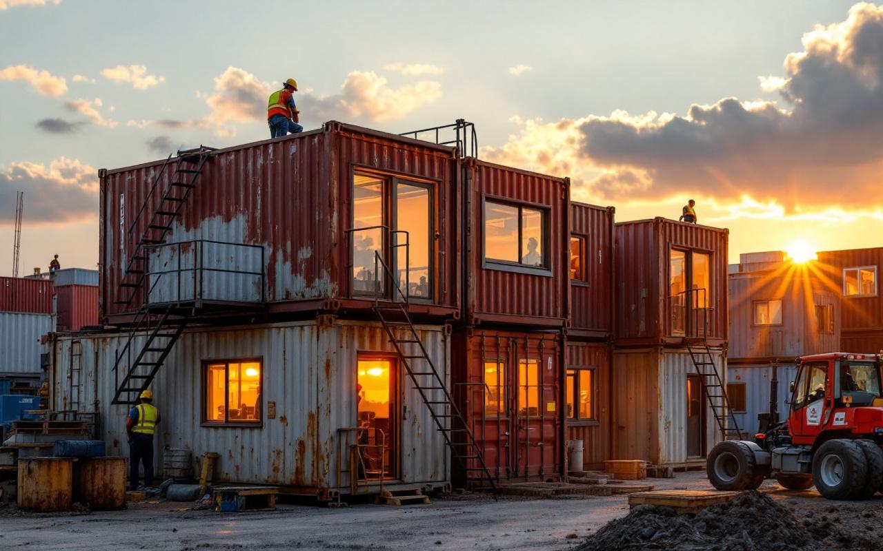 Vue réaliste de containers empiles empiles transformes en bureaux de chantier, metal use, grandes fenetres et escaliers exterieurs, ouvriers et materiel autour, lumiere volumetrique chaude de coucher de soleil, tons rouge rouille, gris industriel et jaune de securite