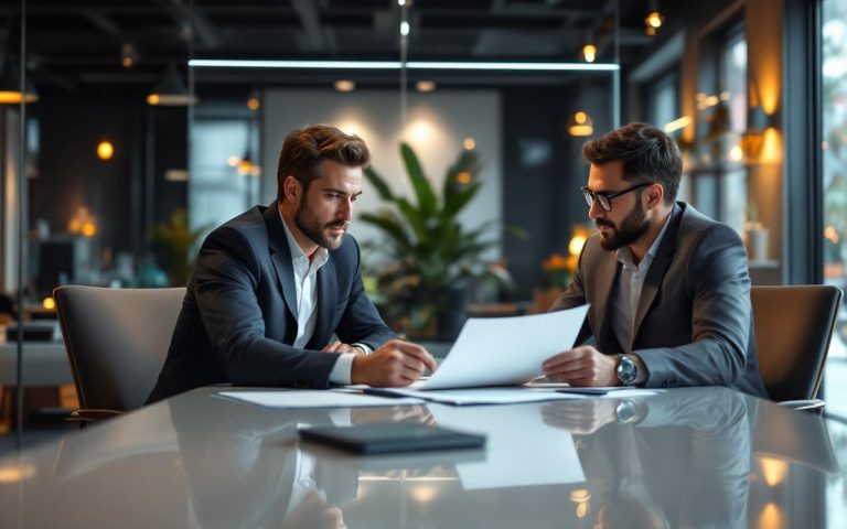 Un homme dirigeant de PME au Mans en réunion avec un expert-comptable dans un bureau moderne, autour d’une table de conférence, ambiance professionnelle et chaleureuse.