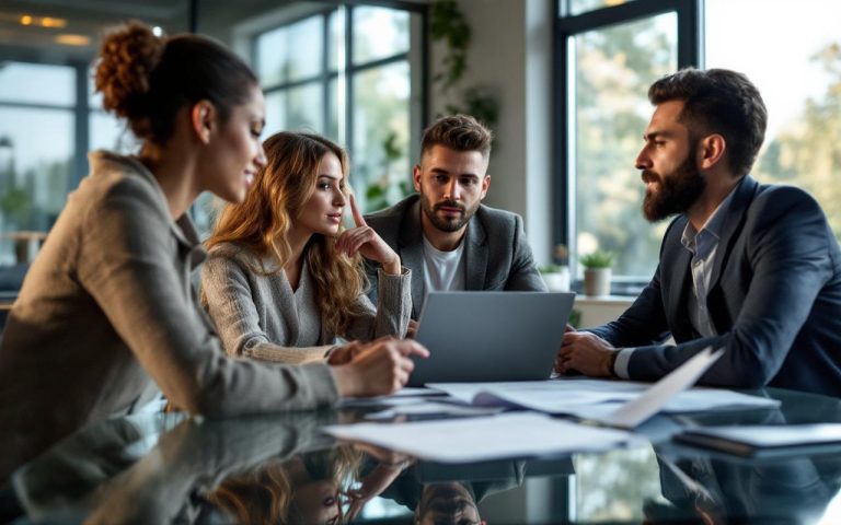 Un entrepreneur discute en réunion avec plusieurs conseillers professionnels autour d’une table en verre dans un bureau moderne au Mans.