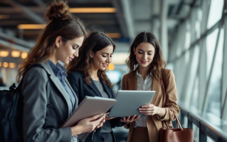 Une équipe de femmes travaillant sur des ordinateurs portables dans le hall d’un aéroport, ambiance professionnelle, avec sacs et dossiers.