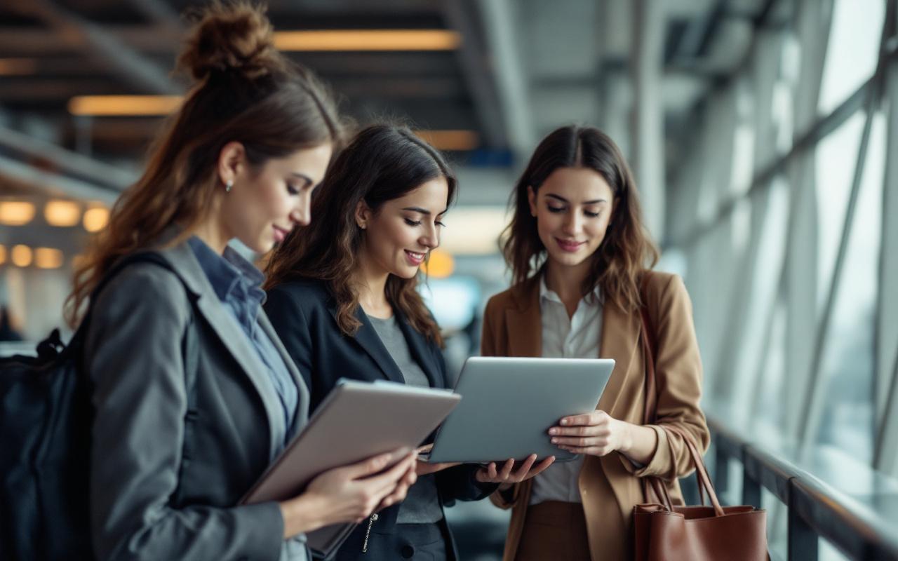 Une équipe de femmes travaillant sur des ordinateurs portables dans le hall d’un aéroport, ambiance professionnelle, avec sacs et dossiers.