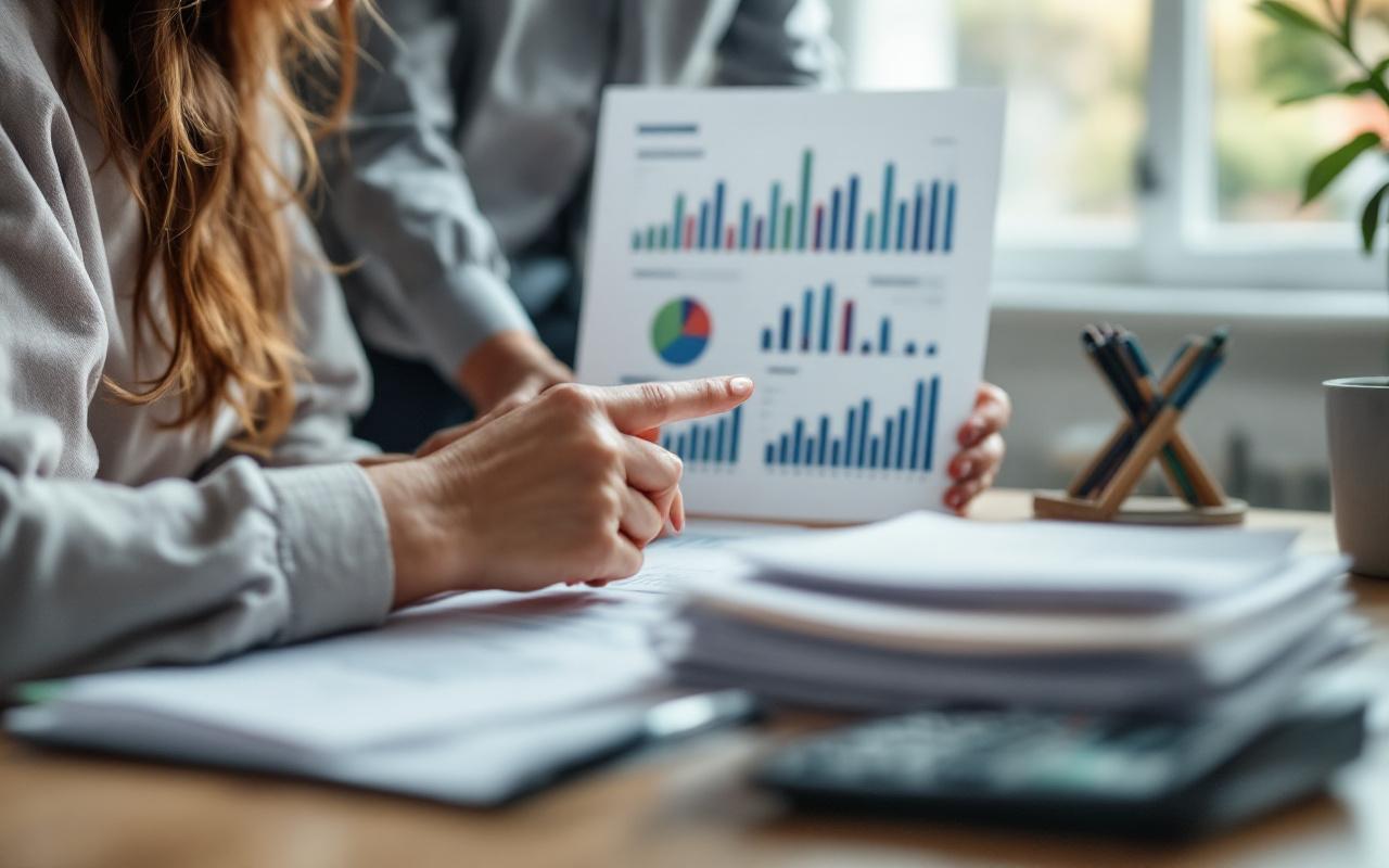 Tableau de bord financier, documents de paie et échange de conseils comptables dans un bureau d’entreprise en Sarthe.