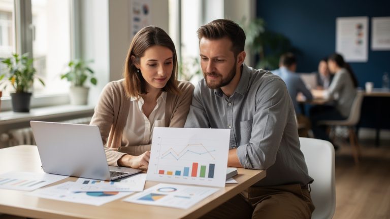 Vue large et réaliste d’un bureau français générique où une analyste et un consultant examinent des graphiques abstraits liés à la performance SEO, sans marque ni texte visible.