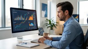 Un entrepreneur analyse des graphiques abstraits de revenus sur un ordinateur dans un bureau moderne à l’ambiance professionnelle.