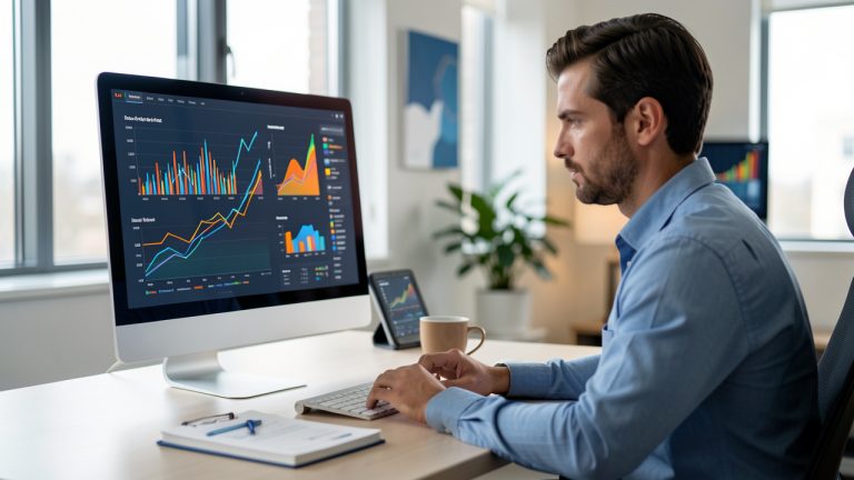 Un entrepreneur analyse des graphiques abstraits de revenus sur un ordinateur dans un bureau moderne à l’ambiance professionnelle.