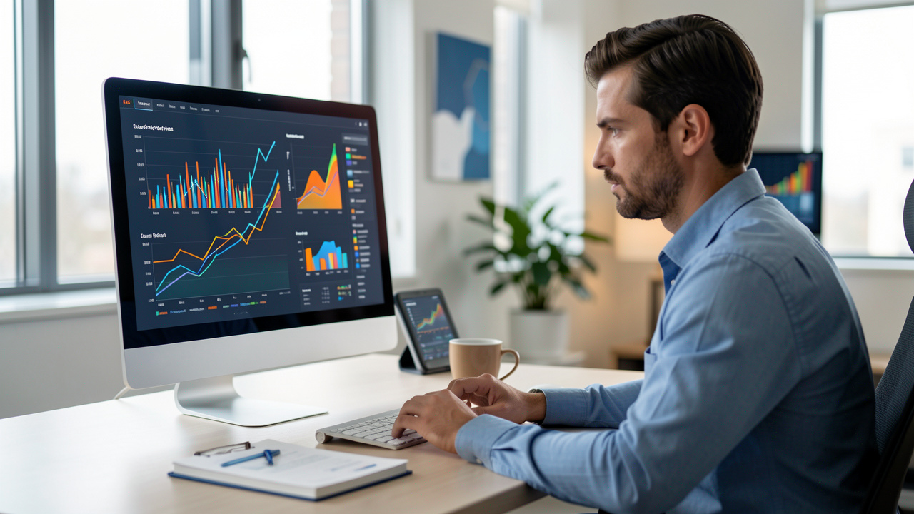 Un entrepreneur analyse des graphiques abstraits de revenus sur un ordinateur dans un bureau moderne à l’ambiance professionnelle.