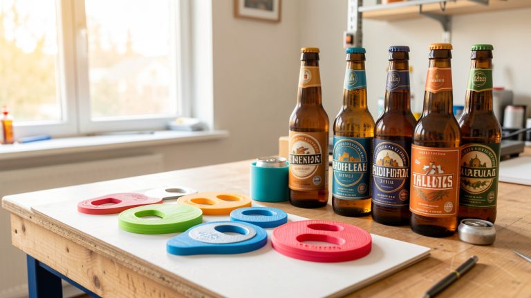 Atelier lumineux d'impression 3D présentant des décapsuleurs, des sous-bocks et des supports de canettes colorés près de bouteilles de bière artisanale.